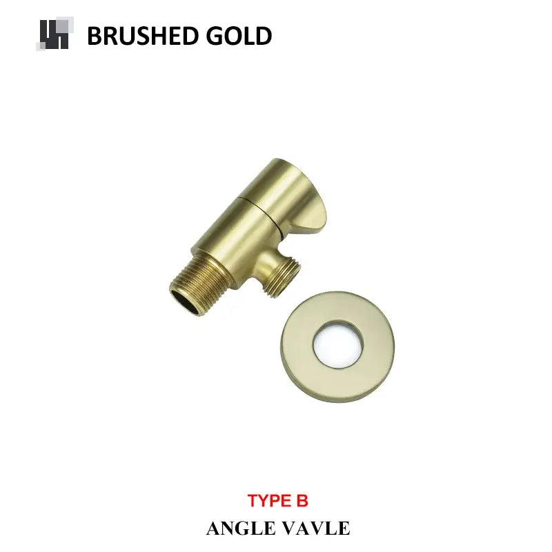 Modern brushed gold angled dual outlet filling valve with matching circular washer featuring a sleek metallic finish