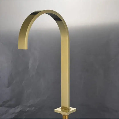 Modern brushed gold basin faucet with a sleek curved spout and square base by decorbites for bathroom sinks