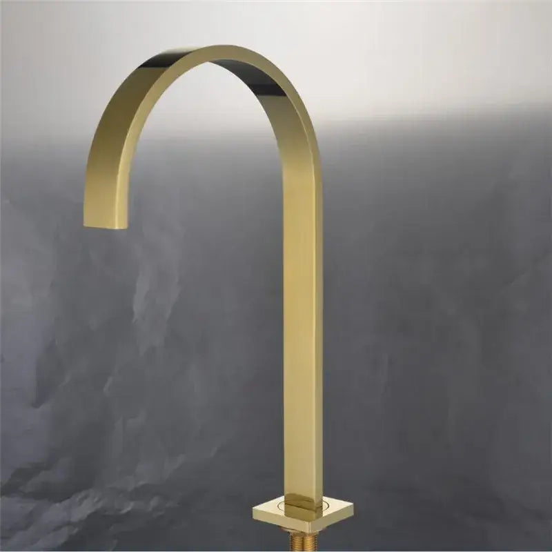 Modern brushed gold basin faucet with a sleek curved spout and square base by decorbites for bathroom sinks