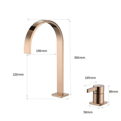 Modern brushed gold basin faucet with rose gold finish, sleek arched spout, and single-handle decorbites brushed gold control