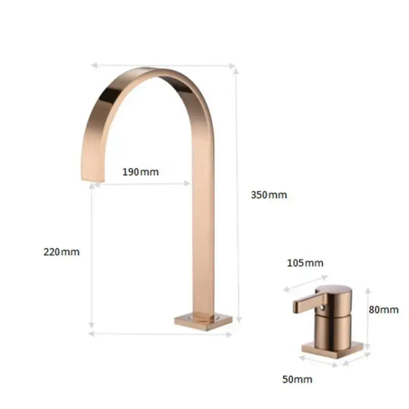 Modern brushed gold basin faucet with rose gold finish, sleek arched spout, and single-handle decorbites brushed gold control