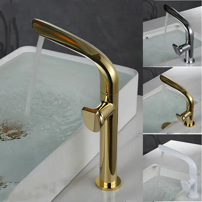 Modern brushed gold basin faucet with sleek high arc spout and rectangular handle from decorbites brushed gold collection