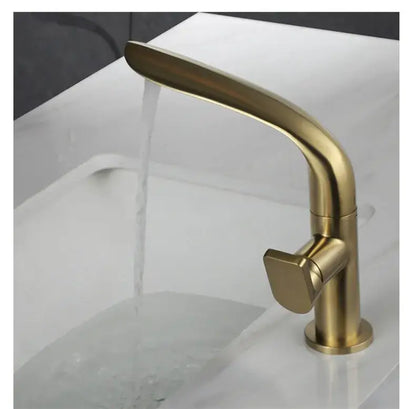 Modern brushed gold basin faucet with sleek curved spout and minimalist design from decorbites brushed gold collection