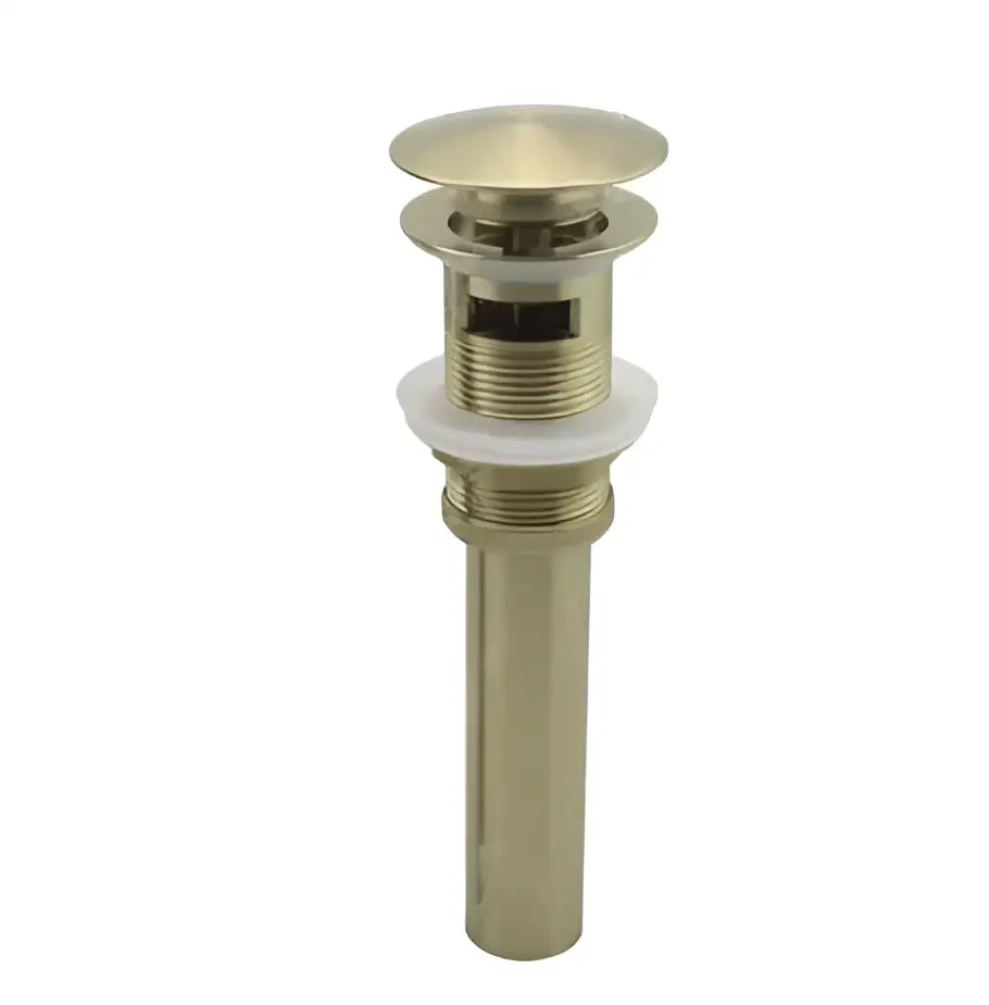 Gold-toned cylindrical bathroom sink drain with sleek rounded top and threaded body for decorbites brushed gold basin faucet