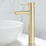 Modern brushed gold basin faucet with a tall cylindrical body and sleek minimalist design for bathroom use decorbites brushed gold
