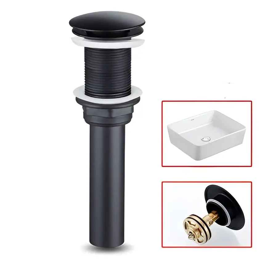 Black matte-finish bathroom sink drain with sleek cylindrical body and ribbed texture for modern brushed gold basin faucet decorbites brushed gold