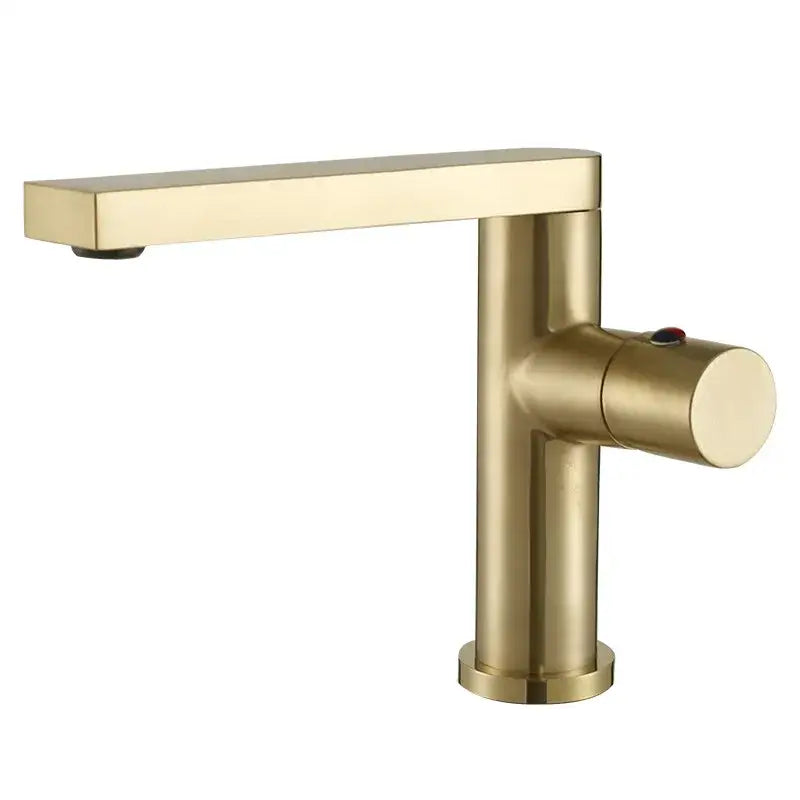 Modern brushed gold basin faucet with a sleek rectangular spout and cylindrical base decorbites brushed gold mixer tap