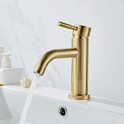 Modern brushed gold basin faucet with single handle mixer tap in a sleek brushed metal finish by decorbites brushed gold
