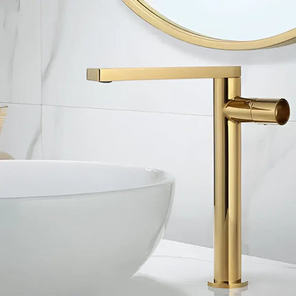 Modern brushed gold basin faucet with sleek rectangular spout and cylindrical handle by decorbites brushed gold collection