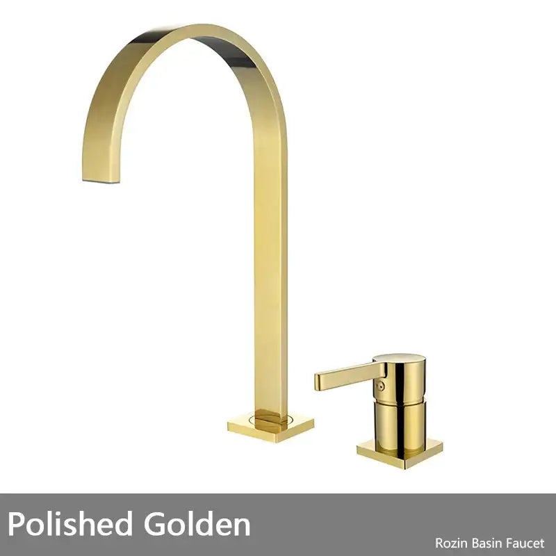 Polished golden basin faucet with a sleek modern arched spout and square base in decorbites brushed gold finish