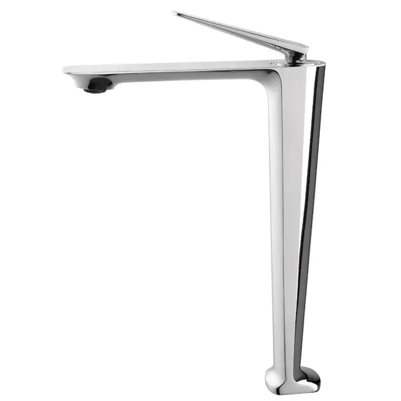 Modern chrome-finished faucet with sleek angular design and tall spout complementing brushed gold basin decorbites style
