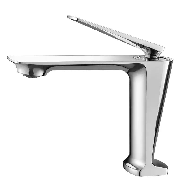 Modern brushed gold basin faucet with a sleek chrome-finished single-handle and high-arc spout for bathroom sinks