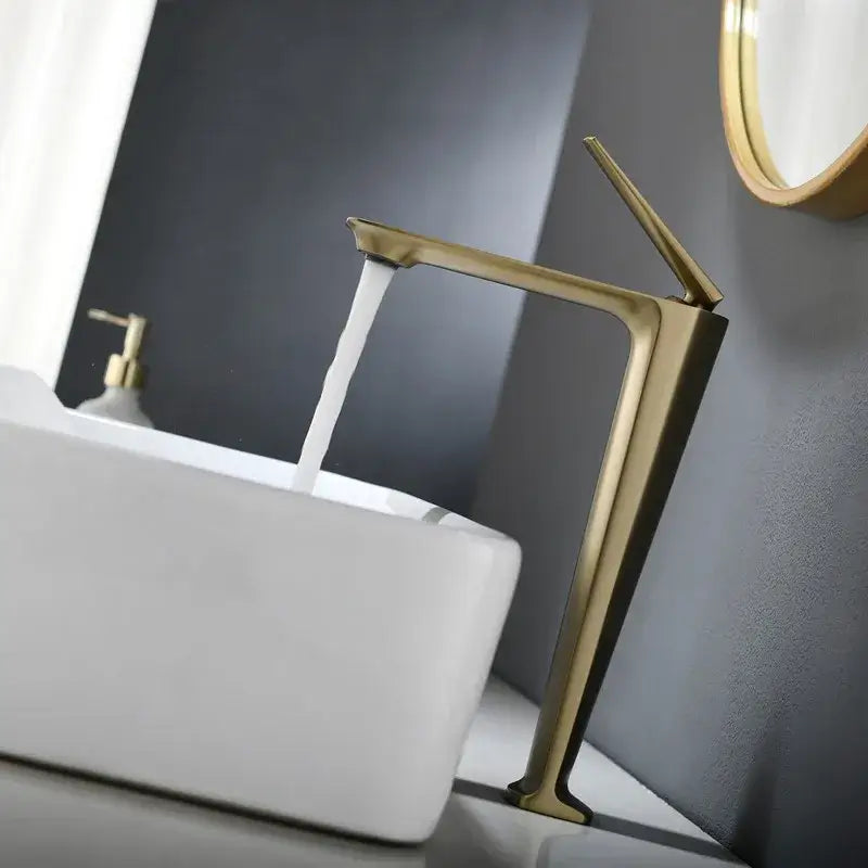 Modern brushed gold basin faucet with sleek minimalist design and tall spout for bathroom sink decorbites brushed gold