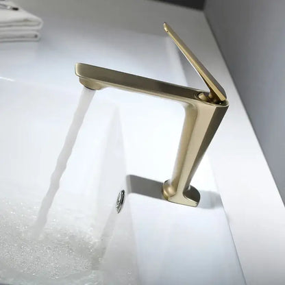 Modern brushed gold basin faucet with sleek angular design and matte finish for bathroom sink decorbites brushed gold