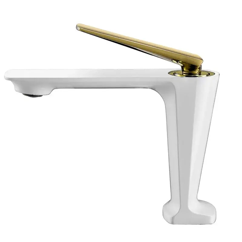Modern brushed gold basin faucet featuring a white ceramic body with a polished gold-tone handle for bathroom decorbites