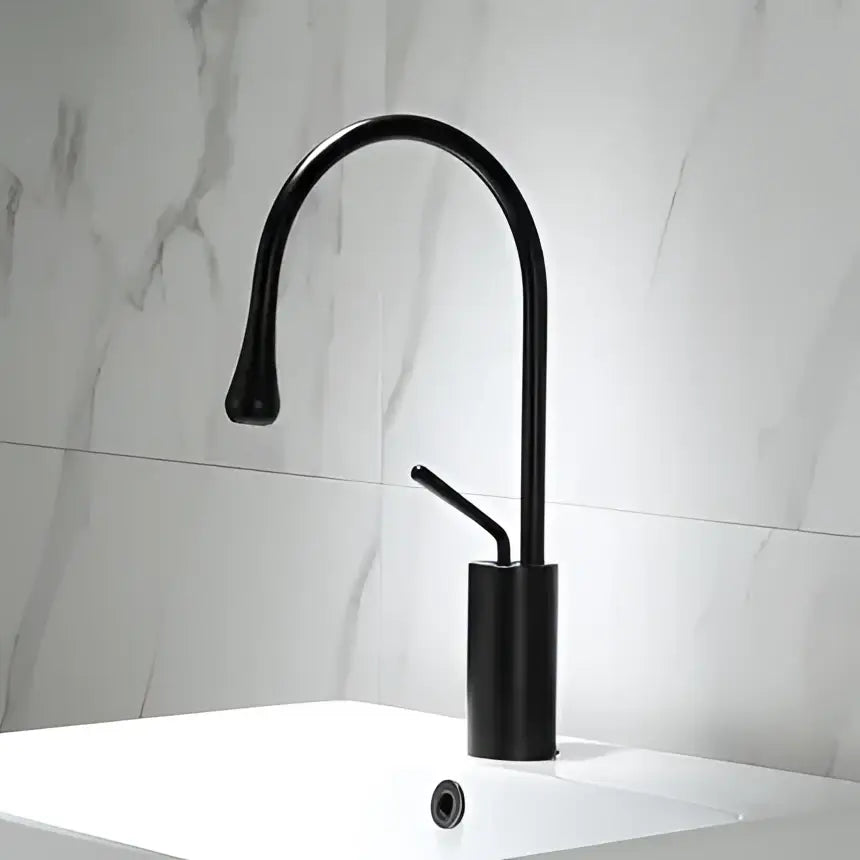 Modern brushed gold basin faucet with swivel sink crane design and black matte finish curved spout decorbites brushed gold