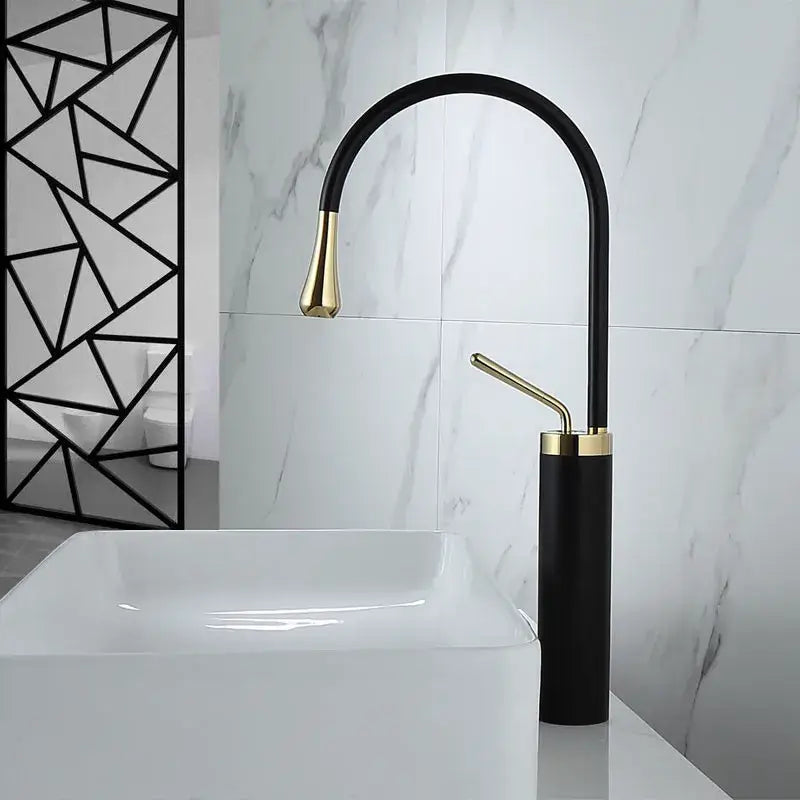 Modern brushed gold basin faucet with black curved spout and cylindrical base for bathroom swivel sink decorbites brushed gold