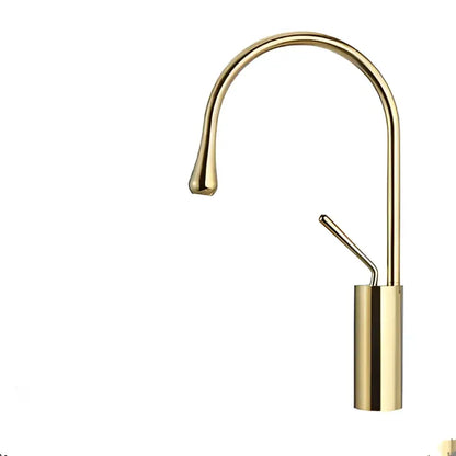 Modern brushed gold basin faucet with a sleek curved spout and cylindrical base for bathroom decorbites brushed gold style
