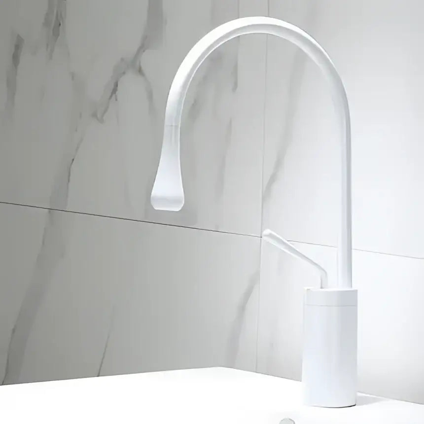 White modern basin faucet with curved spout and minimalist design in brushed gold decorbites swivel sink crane