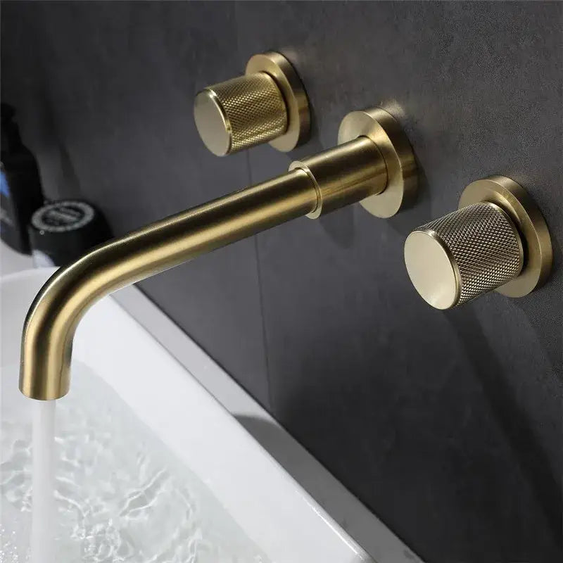 Modern brushed gold basin faucet with brass finish and textured cylindrical handles for bathroom wall mount decorbites brushed gold