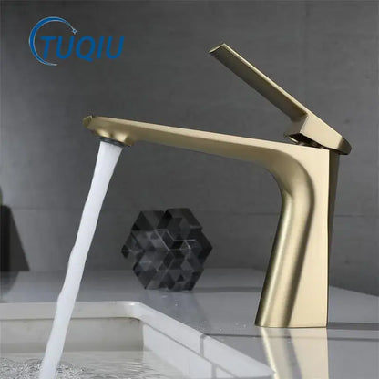 Modern brushed gold basin faucet with sleek angular design and brushed metal finish for decorbites brushed gold collection