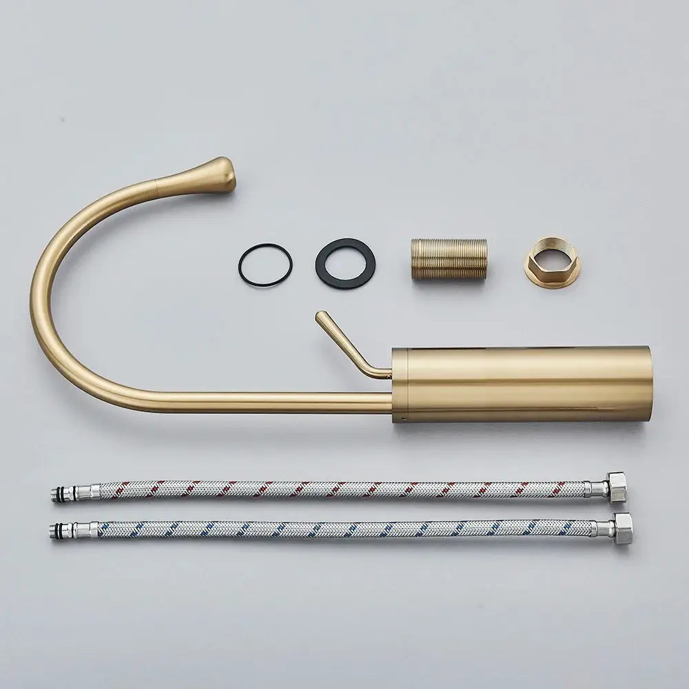 Modern brushed gold basin faucet with brass finish curved spout cylindrical base and installation hardware included