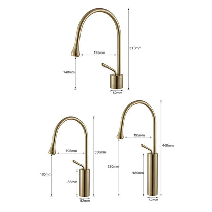 Brass-finished modern basin faucet with sleek curved spout and cylindrical base for kitchen sink use