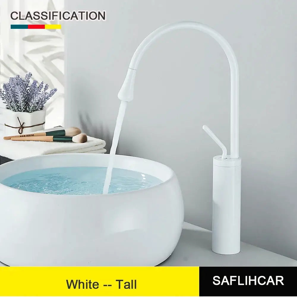Modern white tall basin faucet with sleek curved spout and minimalist design for kitchen sink use