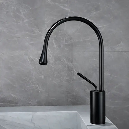 Modern brushed gold basin faucet with black matte curved spout and cylindrical base for kitchen decorbites brushed gold