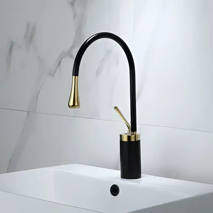 Modern brushed gold basin faucet with black curved spout and cylindrical base by decorbites for kitchen use