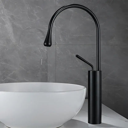 Black matte basin faucet with curved spout and cylindrical base for decorbites brushed gold modern kitchen use