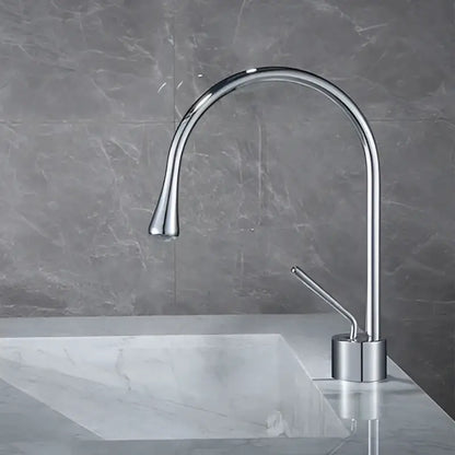 Modern chrome-finished basin faucet with a sleek curved spout for kitchen use by decorbites brushed gold collection