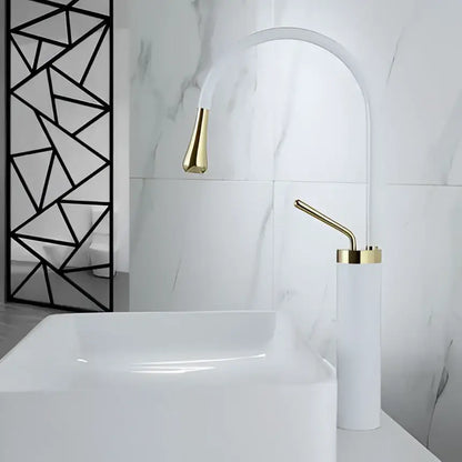 Modern brushed gold basin faucet with arched design and matching cylindrical base for kitchen swivel water crane decorbites brushed gold