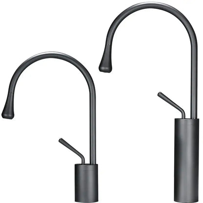 Modern matte black basin faucet with sleek curved spout and cylindrical base alongside decorbites brushed gold swivel faucet