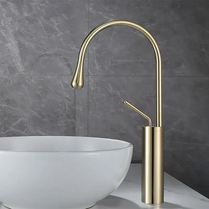 Modern brushed gold basin faucet with a sleek curved spout and cylindrical base for kitchen swivel water use decorbites brushed gold