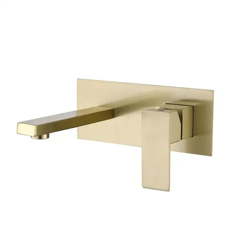 Modern brushed gold basin faucet set with a sleek rectangular spout and minimalist wall-mounted design for bathroom use