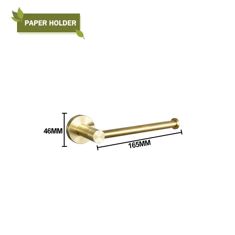 Brass-finished wall-mounted paper holder with sleek cylindrical design 165mm length in modern brushed gold bath hardware set