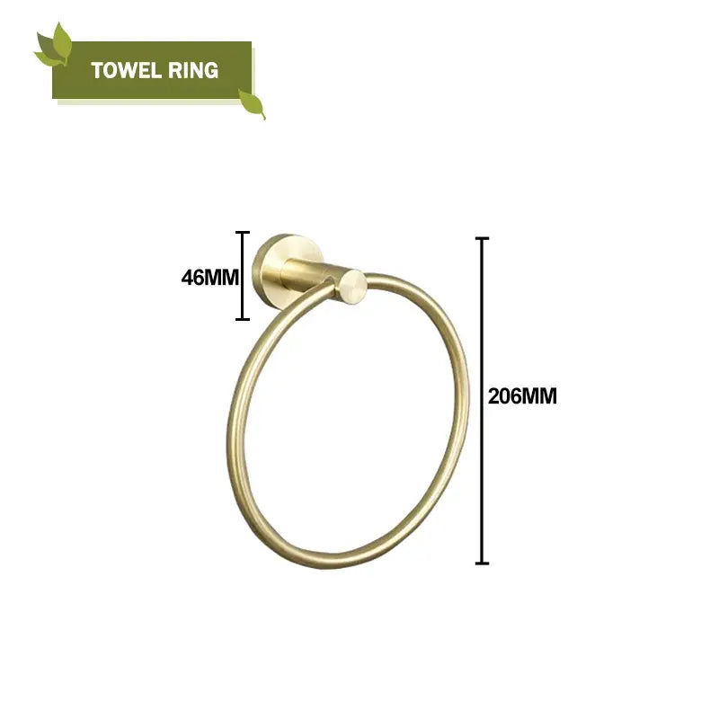 Modern brushed gold circular towel ring with brass finish and sleek design in a bath hardware set for bathroom use