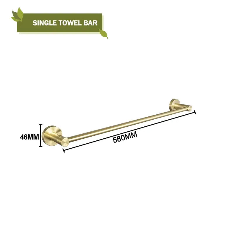 Modern brushed gold bath hardware set featuring a brass-finished single towel bar 580mm in length with sleek design