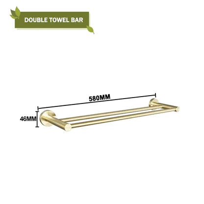 Modern brushed gold bath hardware set featuring a gold-finished double towel bar with two parallel rods and circular mounts