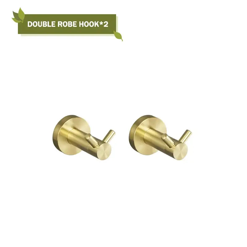 Pair of brushed brass double robe hooks with sleek modern design in a modern brushed gold bath hardware set
