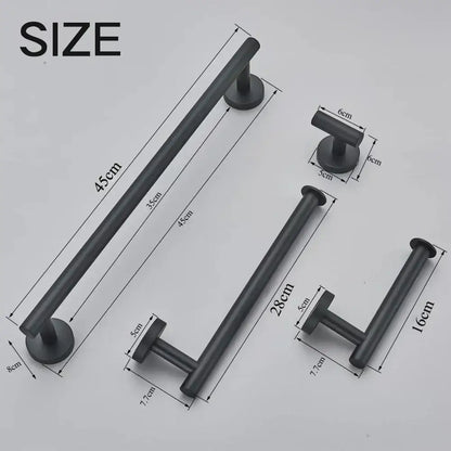 Modern brushed gold bathroom accessories set with black matte metal towel racks in various lengths and designs