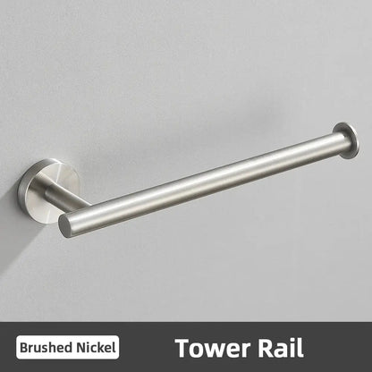 Modern brushed gold bathroom accessories set featuring a brushed nickel tower rail with sleek cylindrical design
