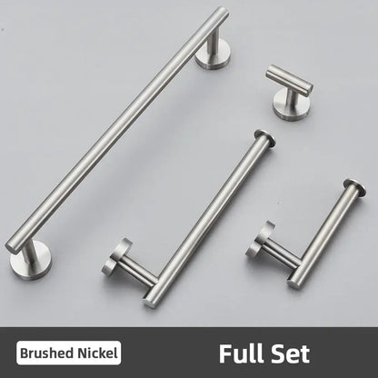 Set of modern brushed gold bathroom accessories set in stainless steel featuring sleek bar and t-bar handles