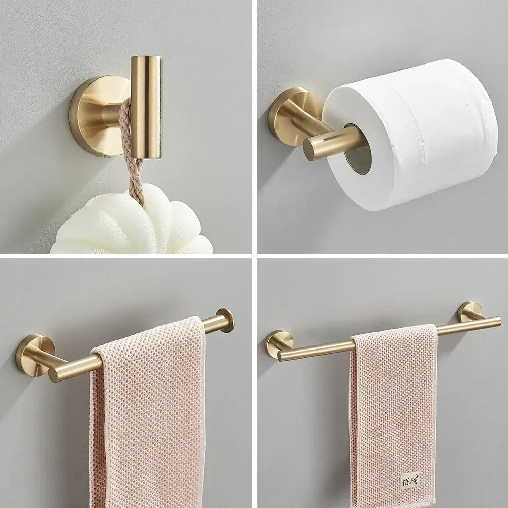 Modern brushed gold bathroom accessories set with hook toilet paper holder and towel bars in stainless steel