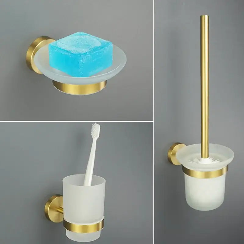 Modern brushed gold wall-mounted soap dish with frosted glass bowl holding blue soap for bathroom accessories decorbites brushed gold