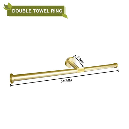 Modern brushed gold bathroom accessories set featuring a gold-colored brass double towel ring with two mounting points by decorbites brushed gold
