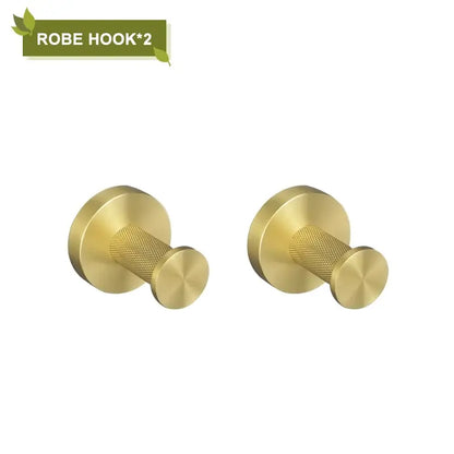 Pair of brushed gold robe hooks with textured cylindrical shafts and circular mounting plates from decorbites bathroom accessories set