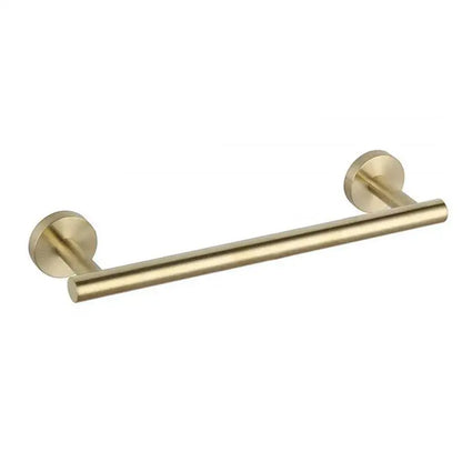 Modern brushed gold bathroom towel rack with sleek cylindrical design and minimalist circular wall mounts decorbites brushed gold