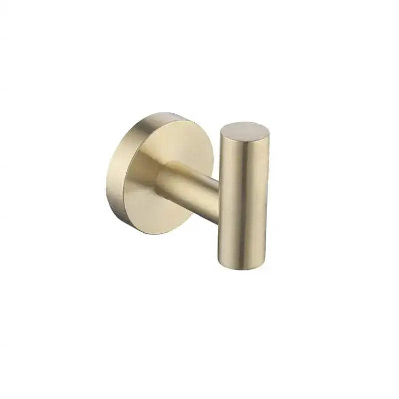 Modern brushed gold wall-mounted towel hook with sleek cylindrical design from decorbites brushed gold bathroom set